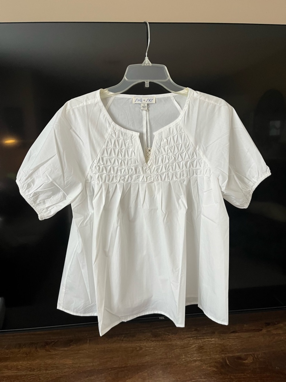 NWT She + Sky White Smocked V-Notch Short Sleeve Blouse Size S